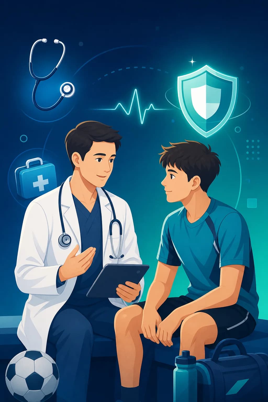 醫師與年輕運動員討論健康評估的插畫